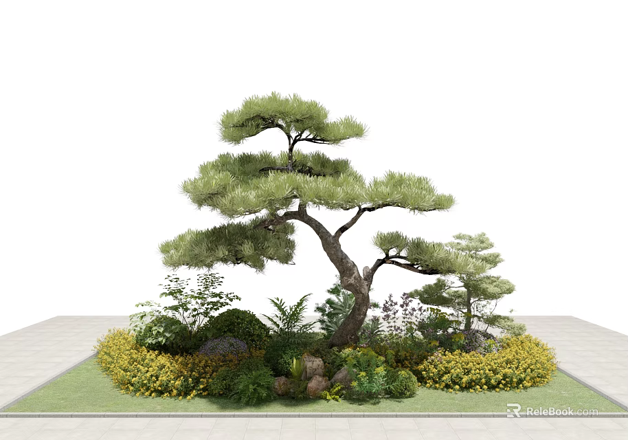 Artistic Garden Ornament Featuring Pine Tree Various Plants Shrubs Stones And Yellow Flowers 3d model 