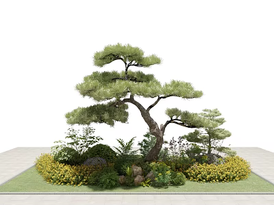 Artistic Garden Ornament Featuring Pine Tree Various Plants Shrubs Stones And Yellow Flowers 3d model