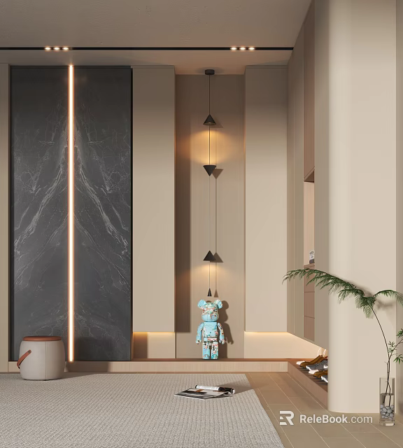 Modern Shoe Cabinet In Foyer With Pendant Lights Decorative Blue Figurine And Green Plant 3d model 