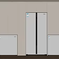 Modern Minimalist Kitchen Interior With Double Door Refrigerator And Small Freezers Against Cabinetry