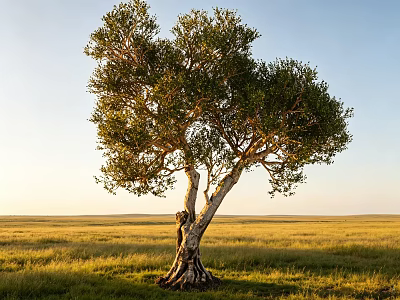 Lush Foliage Tree With White Trunk In Vast Grassland Under Blue Sky At Sunset 3d model