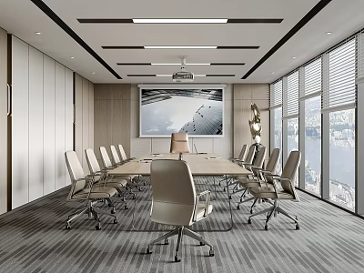 Modern Conference Room Interior Design With Long Table Chairs Large Screen And City View Windows 3d model