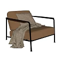 Light Brown Leather Single Sofa with Black Metal Arms Beige Cushion and Knitted Blanket