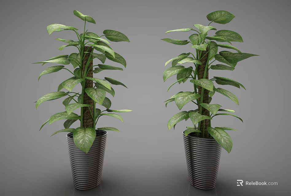 Lush Green Bonsai Potted Plants In Metallic Pots For Indoor Decoration 3d model 
