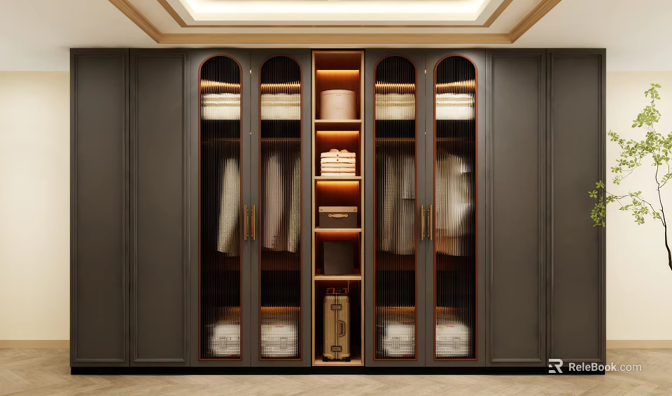 Elegant Modern Wardrobe Design With Dark Gray Cabinets Wooden Shelves And LED Lighting 3d model 