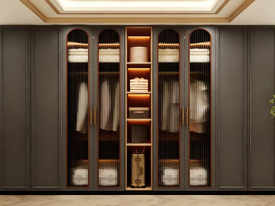 Elegant Modern Wardrobe Design With Dark Gray Cabinets Wooden Shelves And LED Lighting 3d model