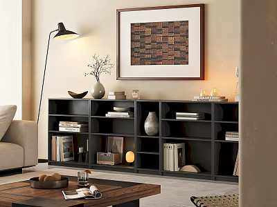 Modern Black Bookcase In Living Room With Books Vase Photo Frame And Decorations 3d model