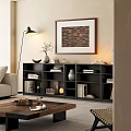 Modern Black Bookcase In Living Room With Books Vase Photo Frame And Decorations