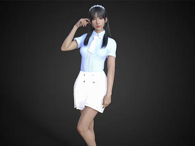 Woman With Long Hair Wearing Light Blue Short Sleeve Top And White Skirt Posing 3d model