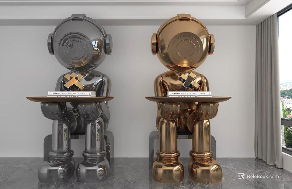 Decorative Ornament Set Of Astronaut Shaped Silver Gold Figurines With Trays For Modern Home Decor 3d model 