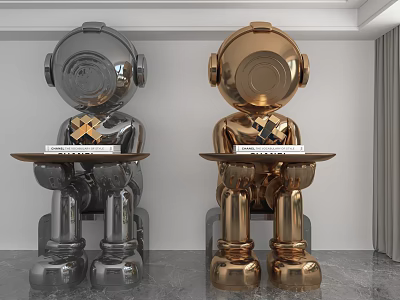 Decorative Ornament Set Of Astronaut Shaped Silver Gold Figurines With Trays For Modern Home Decor 3d model