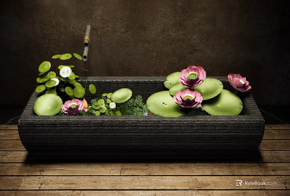 Ornamental Water Fountain With Rectangular Stone Basin Pink White Lotus Flowers And Green Lily Pads 3d model 
