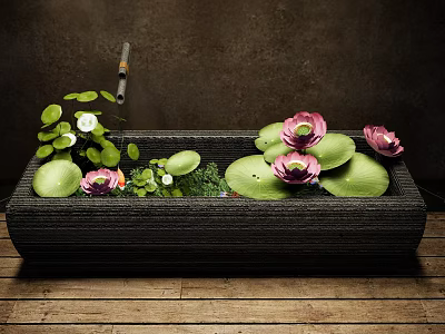 Ornamental Water Fountain With Rectangular Stone Basin Pink White Lotus Flowers And Green Lily Pads 3d model