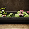 Ornamental Water Fountain With Rectangular Stone Basin Pink White Lotus Flowers And Green Lily Pads