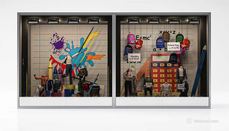 Creative Shop Window Display With Colorful Paint Splashes Toys And Decorative Elements 3d model