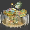 Intricate Colorful Crystal Sculpture With Transparent Slim Columns And Golden Base