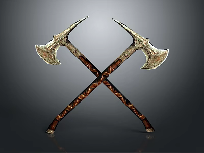 Ornate Crossed Axes With Metal Heads And Wooden Handles As Medieval Weapon 3d model