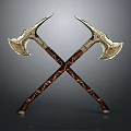 Ornate Crossed Axes With Metal Heads And Wooden Handles As Medieval Weapon