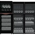 Black Kitchen Dish Sterilizer Appliance With Multiple Glass Doors And Shelves Holding Dishes And Bowls
