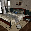 Double Bed With Wooden Frame Black Metal Accents Floral Bedding Nightstand And Window Curtains