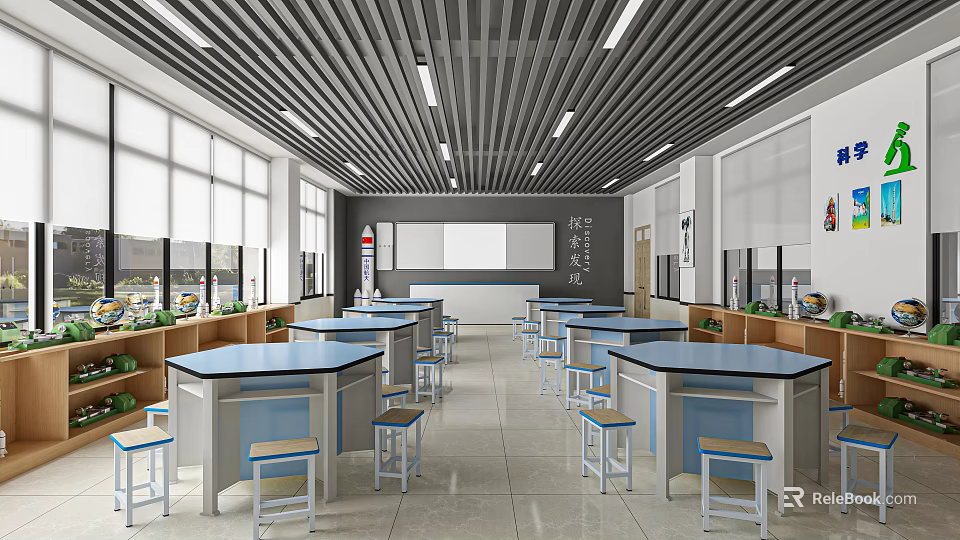 Modern Bright Laboratory Interior With Blue Topped Lab Tables White Stools Gray Walls And Windows 3d model 