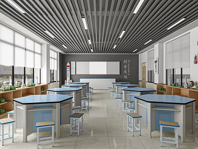 Modern Bright Laboratory Interior With Blue Topped Lab Tables White Stools Gray Walls And Windows 3d model