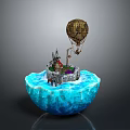 Floating Island Scene With Blue Sphere Castle And Hot Air Balloon
