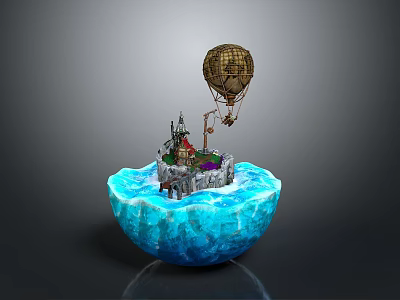 Floating Island Scene With Blue Sphere Castle And Hot Air Balloon 3d model