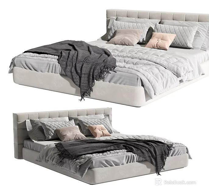 Gray Velvet Double Bed With Soft Quilt Throw Blanket And Light Pink Decorative Pillows 3d model 