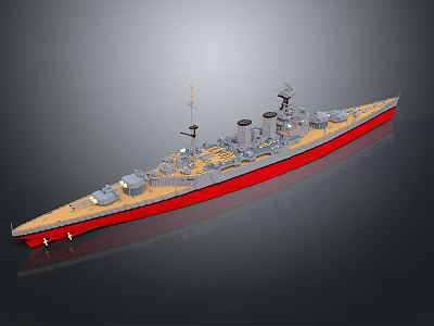 Detailed 3D Model of Battleship with Gray Superstructure Red Hull Turrets and Smokestack on Deck 3d model