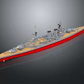 Detailed 3D Model of Battleship with Gray Superstructure Red Hull Turrets and Smokestack on Deck
