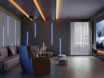 Modern Home Theater Interior With Starry Ceiling And Recliner 3d model
