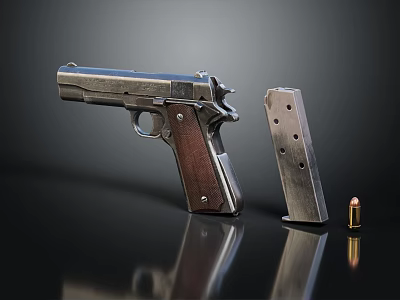 Classic Metal Pistol With Wooden Grip Magazine And Single Bullet 3d model