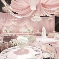 Elegant Pink Ceiling Drapery In Wedding Banquet Hall With Floral Decor Chandeliers And Tables
