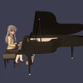 Anime Girl With White Hair And Yellow Eyes Playing Piano On Dark Blue Background