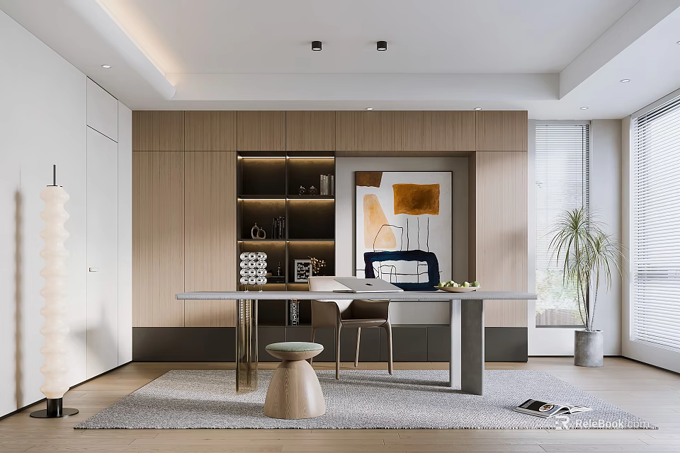 Modern Study Room Interior With Wooden Bookshelves Desk Chair Floor Lamp And Artwork 3d model 