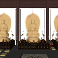 Golden Buddha Statue in Indoor Religious Setting with Worshiper Offerings and Incense Burner