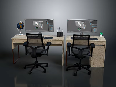 Dual Computer Monitors Setup With Office Desks Chairs Globe Pen Holder And Cup 3d model