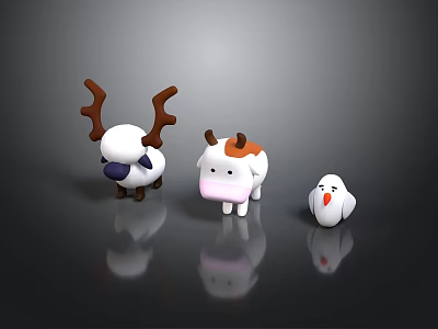 Cute White Animal Toys With Brown Antlers Cow And Chicken Figures 3d model