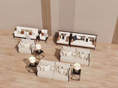Modern Light Colored Sofa Set With Decorative Pillows And Wooden Side Tables 3d model