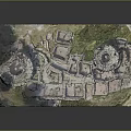 Aerial View of Ancient Historical Ruins with Circular Structures Stone Walls and Grass Areas