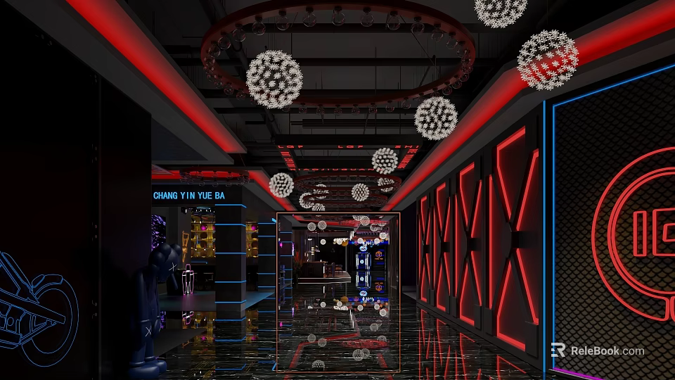 Modern Stylish Bar Interior With Neon Decor Ceiling Lights And Reflective Floor 3d model