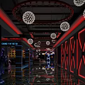 Modern Stylish Bar Interior With Neon Decor Ceiling Lights And Reflective Floor 3d model