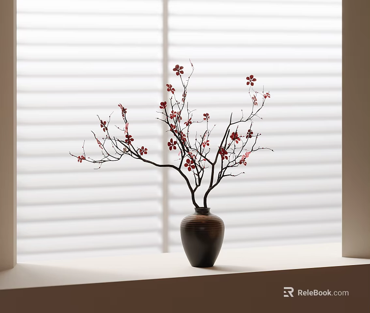 Dark Brown Vase With Red Flower Branches On Window Sill Against White Blinds 3d model 
