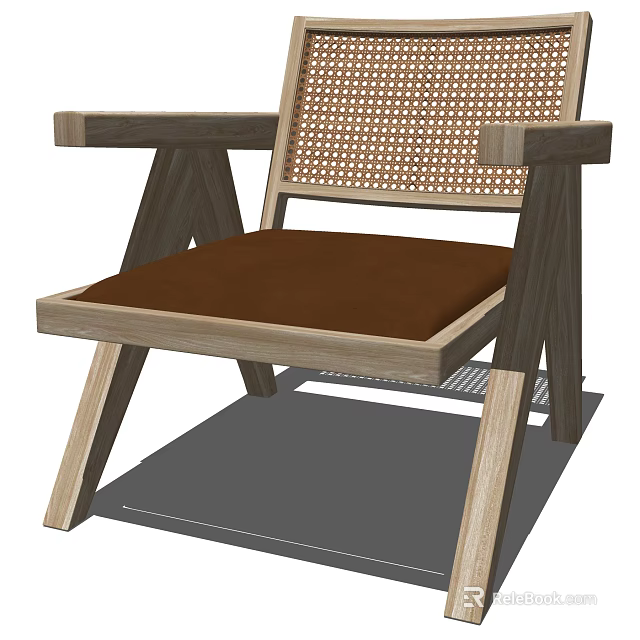 Modern Armchair With Wooden Frame Woven Backrest And Brown Cushion 3d model 