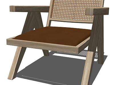 Modern Armchair With Wooden Frame Woven Backrest And Brown Cushion 3d model