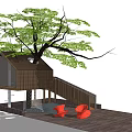 Cozy Wooden Tree House Structure With Staircase And Orange Chairs On Deck