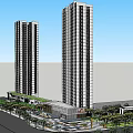Modern Commercial Street With Tall Buildings Greenery Plaza And Road Facilities