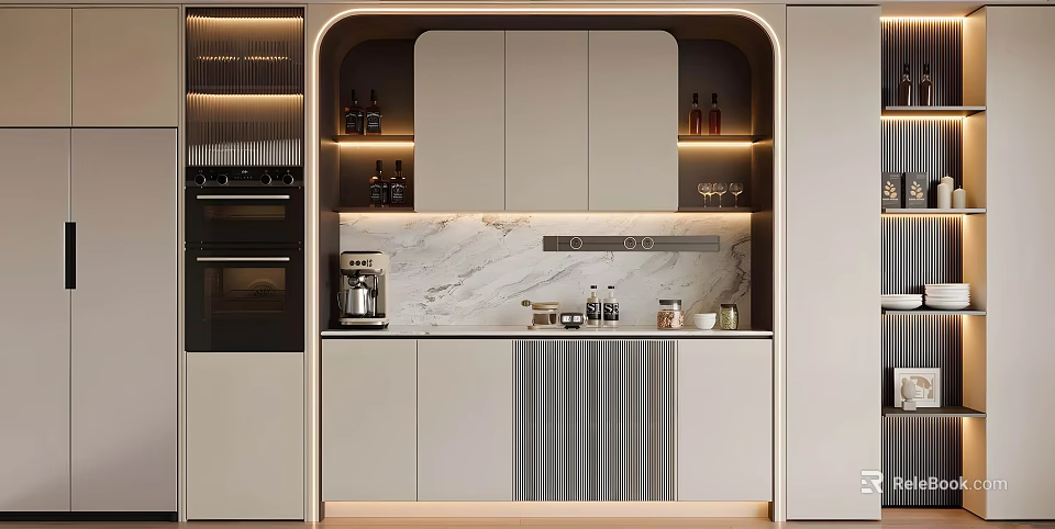 Modern Open Kitchen Interior Design With Sideboard And Cabinet Countertop 3d model