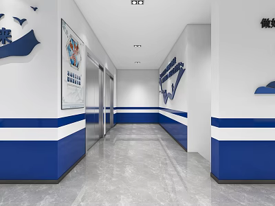 Modern Elevator Hallway With Blue And White Color Scheme And Wall Decorations 3d model
